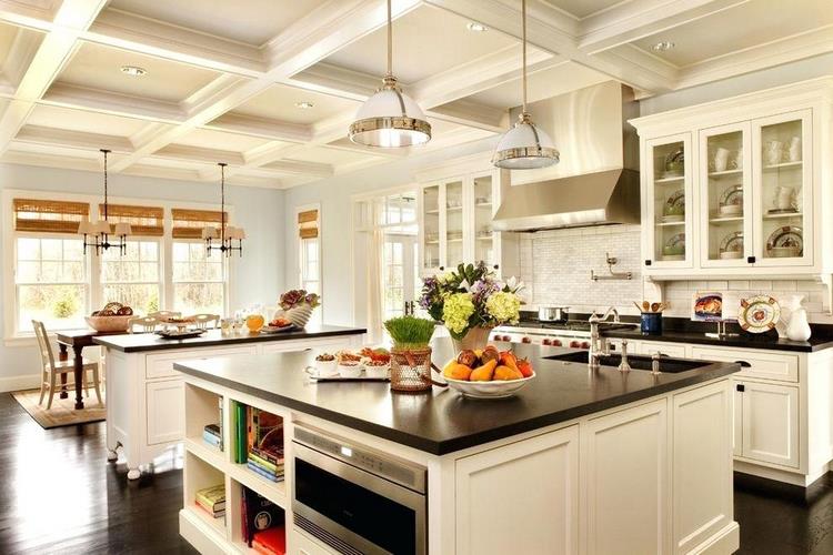 traditional kitchen interior style white cabinets and two islands