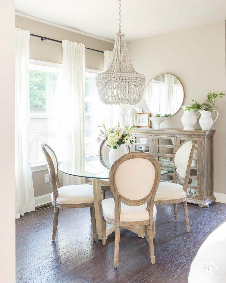 Breakfast nook with fantastic wood beaded chandelier