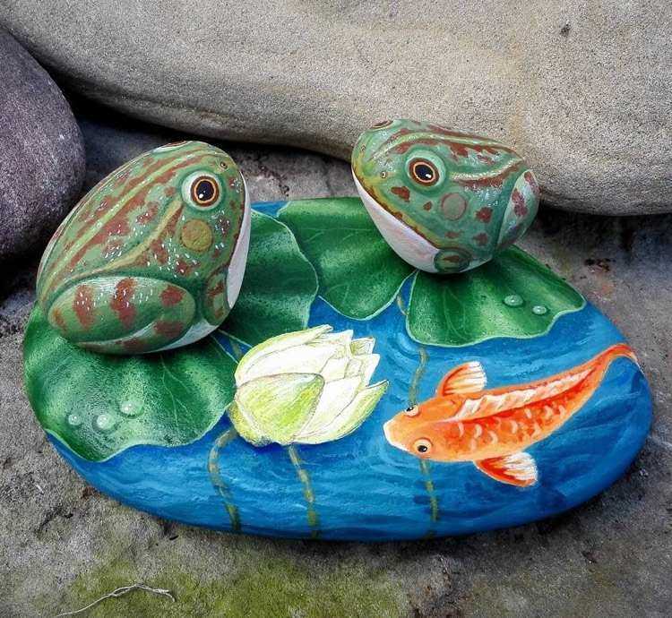 Creative rock art ideas frogs lotus flower koi carp