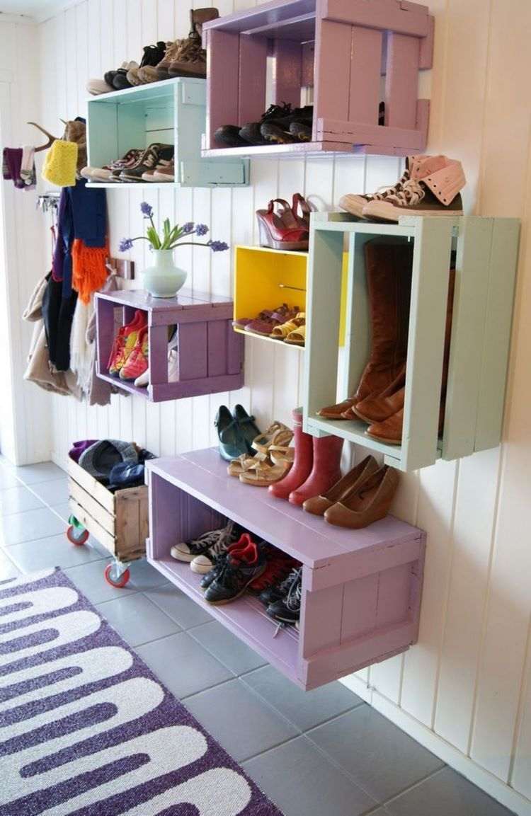 DIY shoe rack ideas painted crates fixed on the wall
