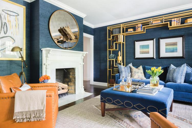 Living room decor blue gold colors and orange accents