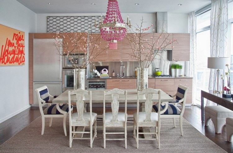 Pink chandelier open plan kitchen dining area design ideas