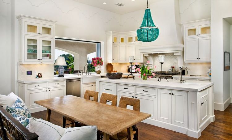 home design ideas white kitchen with turquoise chandelier over island