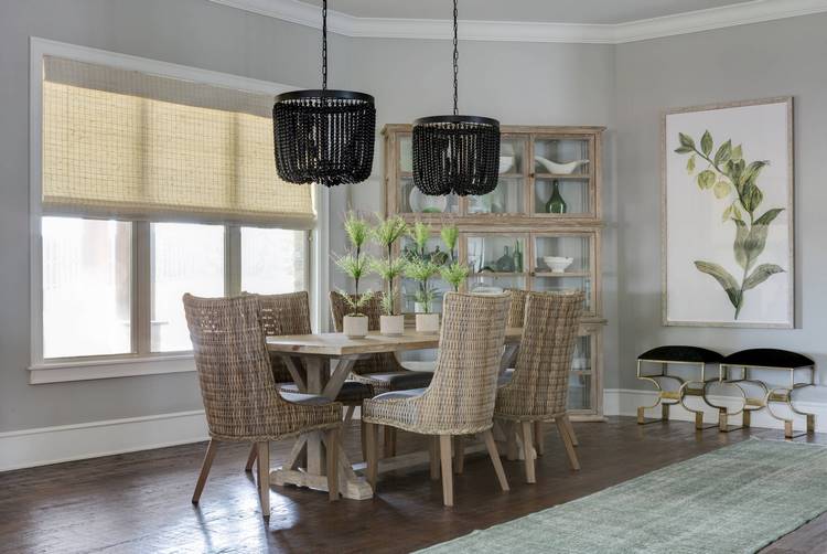 black beaded chandeliers in dining room above table