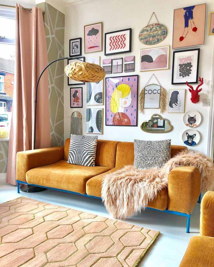 eclectic living room with gallery wall