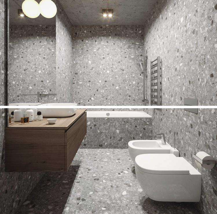 gray terrazzo tile in minimalist bathroom design