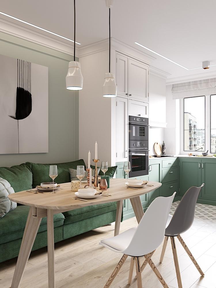 green sofa in kitchen wooden dining table