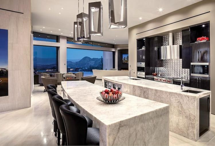 modern dual island kitchen with fascinating pendant light fixtures