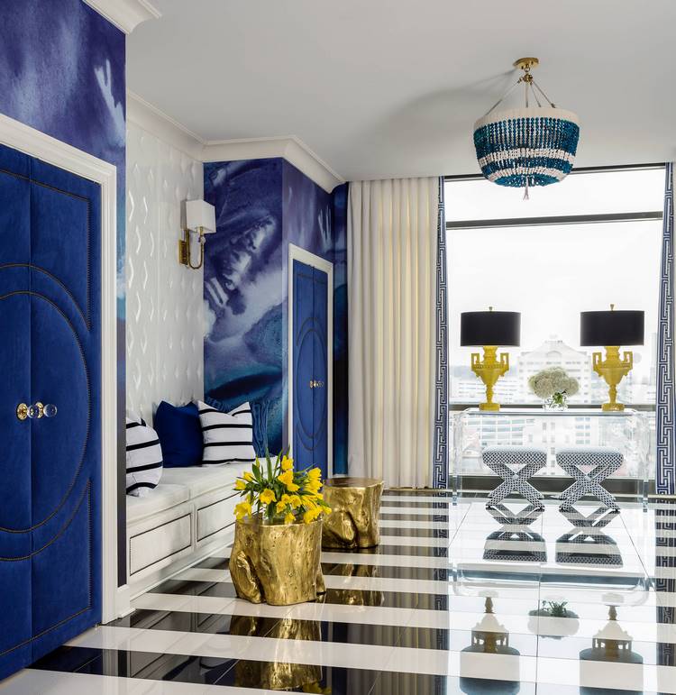 modern home interior ideas glossy floor tile beaded chandelier