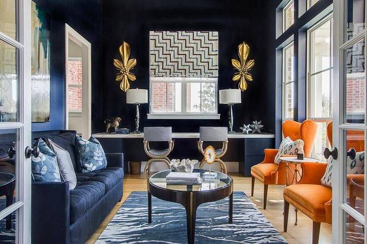 navy blue gold and grey living room ideas orange color accents