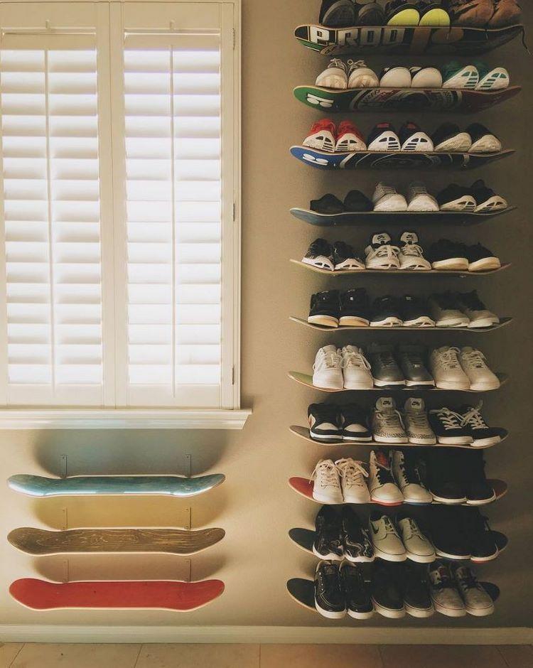 teen room ideas skateboard shoe rack wall shelves
