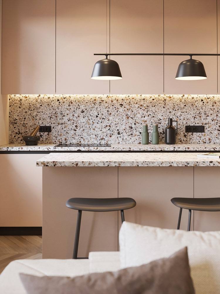 terrazzo tile backsplash and countertop in modern kitchen