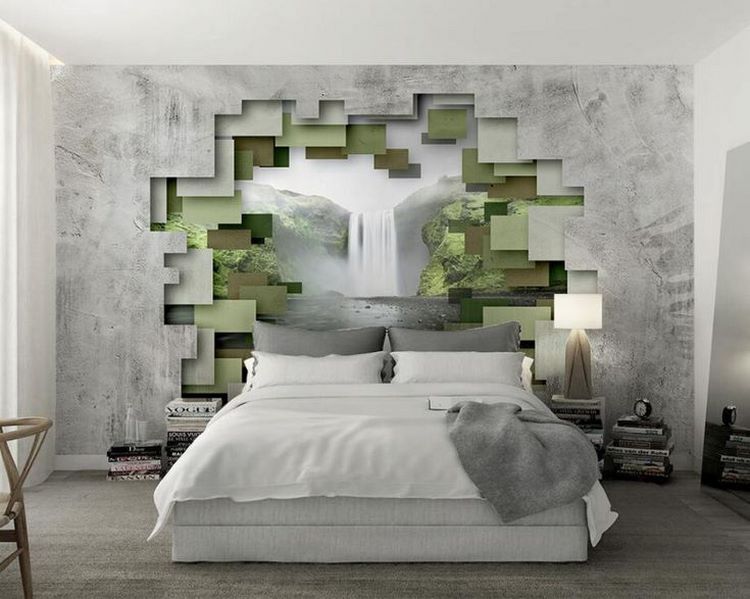 3D wallpaper accent wall in modern bedroom