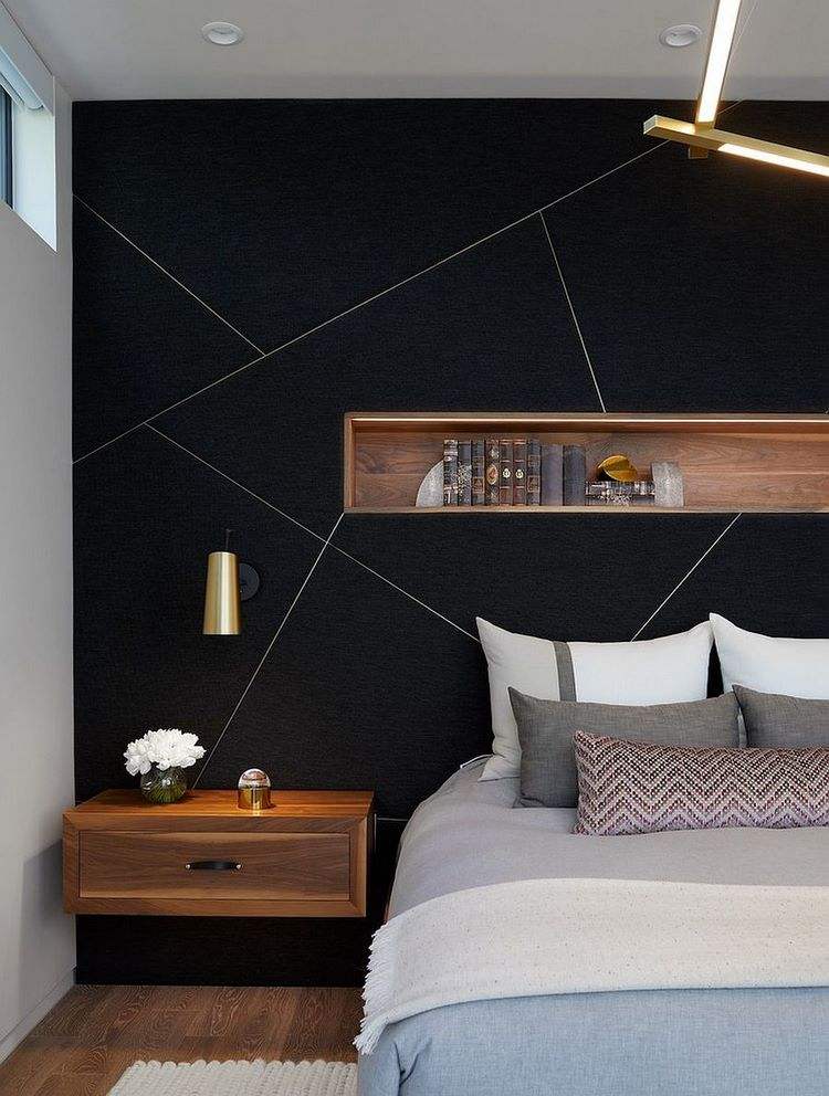 Black accent wall with geometric lines contemporary bedroom ideas