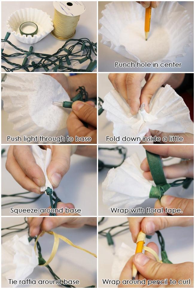 DIY outdoor string lights coffee filter fairy light flowers