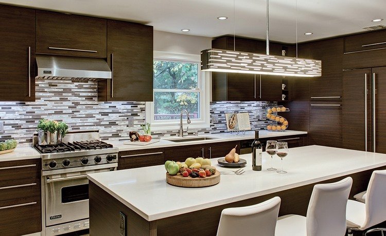 Linear suspension lighting above kitchen island ideas