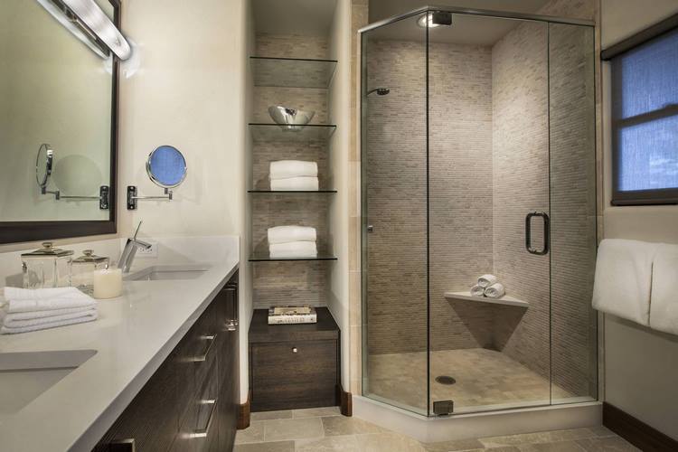 bathroom design walk in shower and glass shelves in a niche