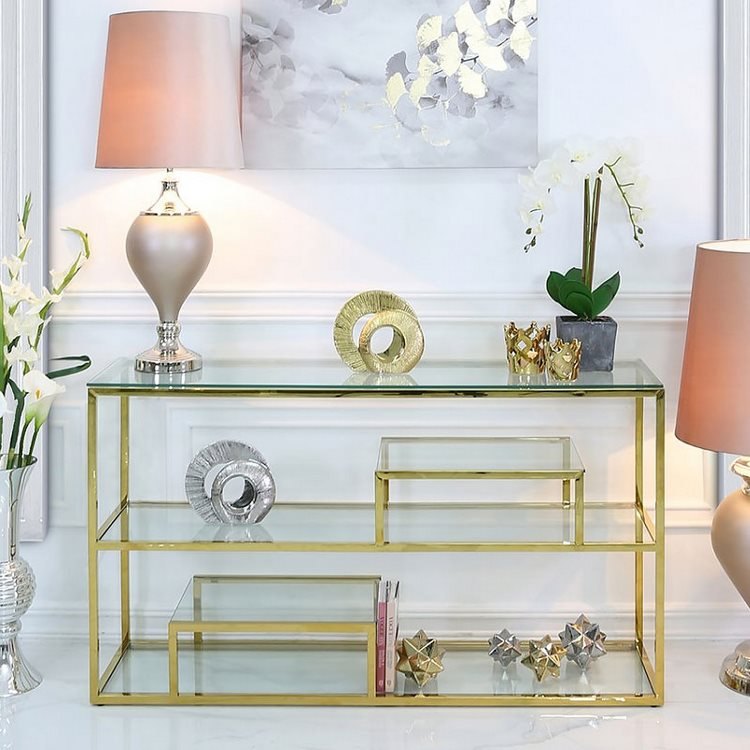 console table with glass shelves