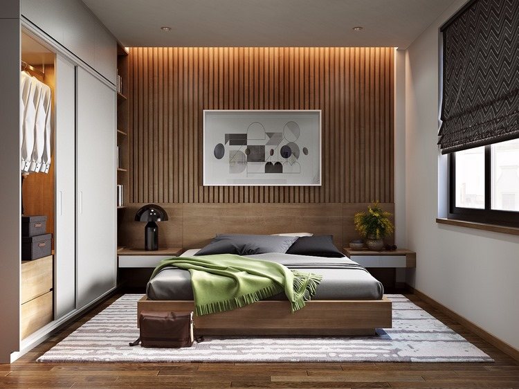 bedroom accent wall ideas wooden slats LED lighting