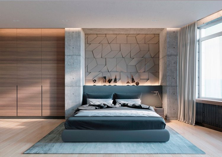 bedroom decor ideas concrete wall tiles behind headboard