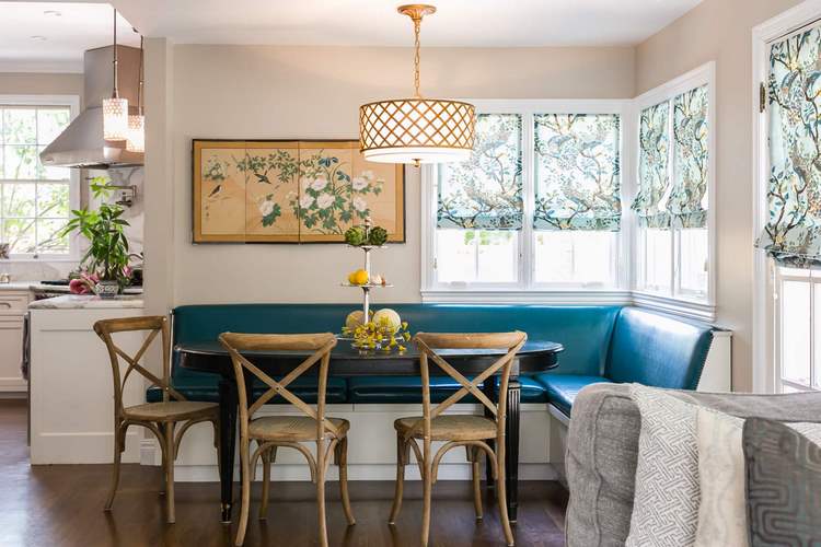 breakfast nook design with blue leather banquette bench