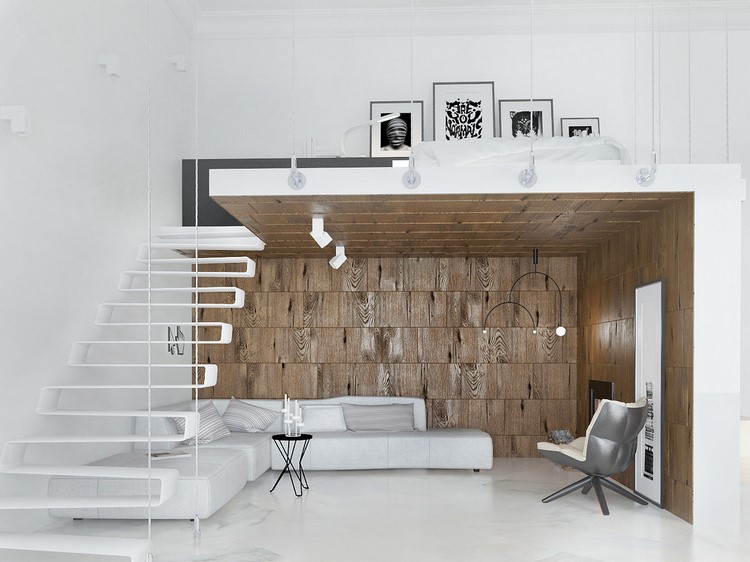 contemporary home white and wood design lofted bedroom