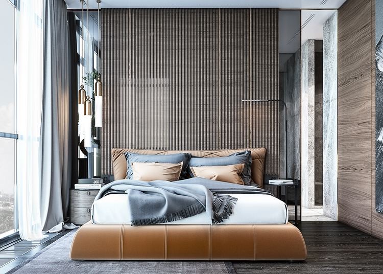 contemporary bedroom accent wall with vertical slats