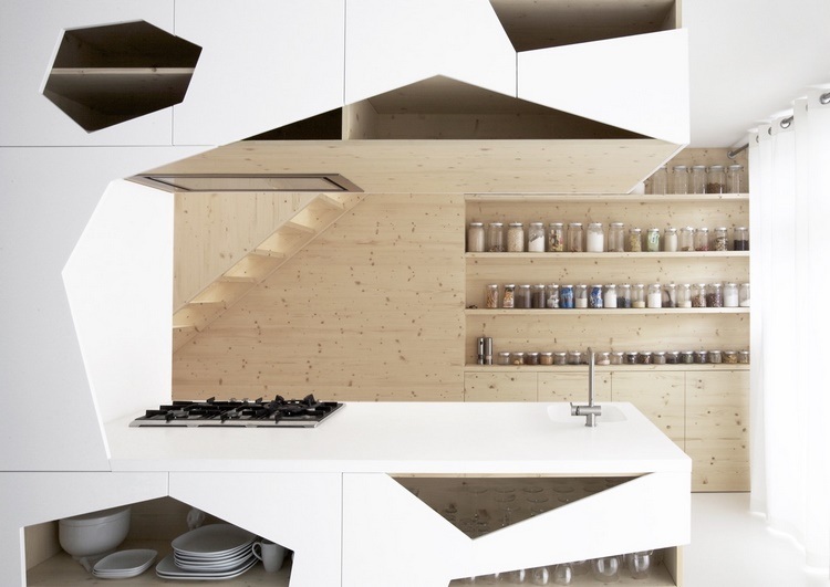 geometric kitchen with wooden open shelves