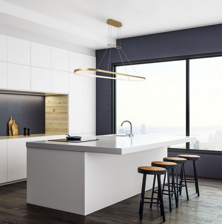 contemporary kitchen with original pendant chandelier above island