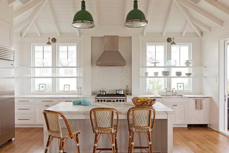 floating shelves in front of kitchen windows storage ideas