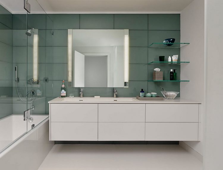floating vanity cabinet glass shelves bathroom remodeling ideas