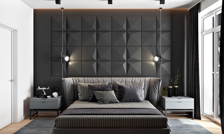 gray accent wall panels dark colors in bedroom design