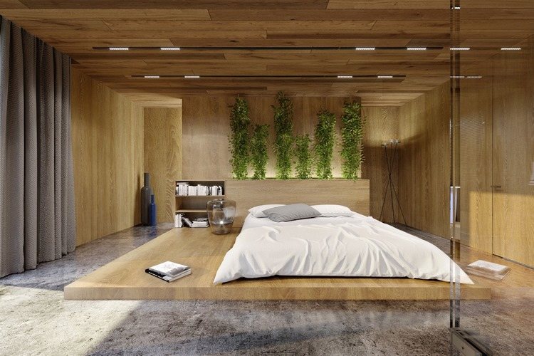 green accent wall bedroom design ideas wooden platform