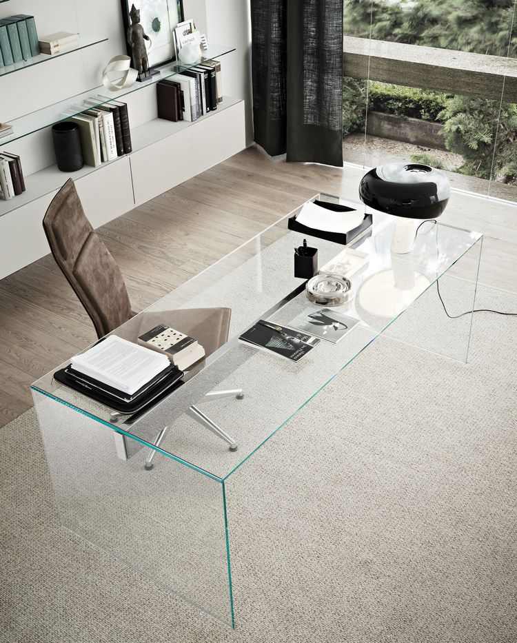 glass desk and open wall shelves home office furniture ideas