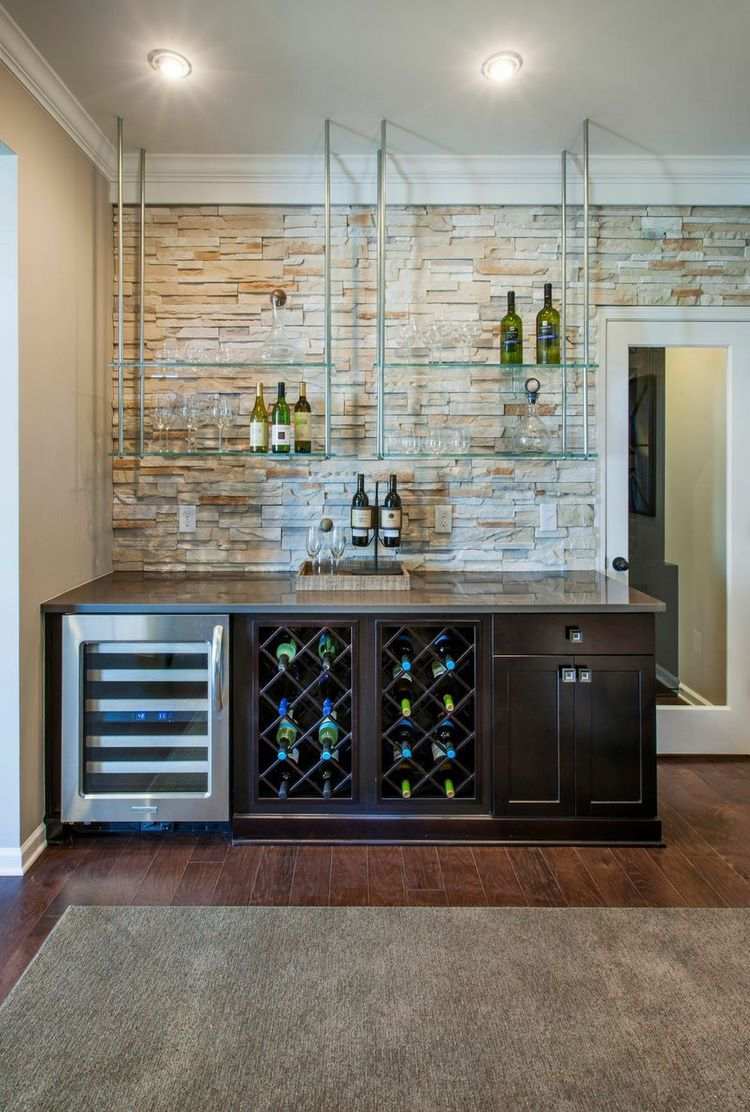 home wine bar with storage and cooler suspended glass shelves