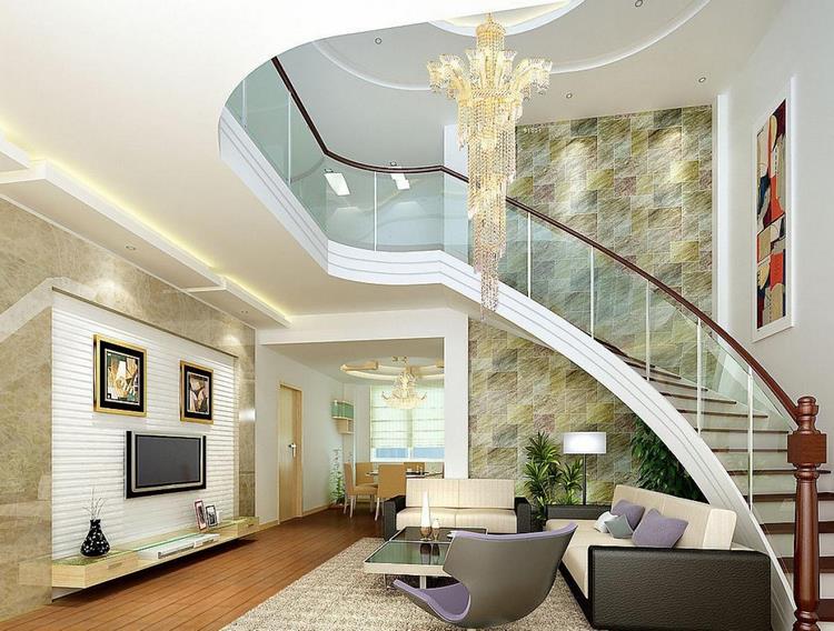 living room with staircase and striking cascading chandelier