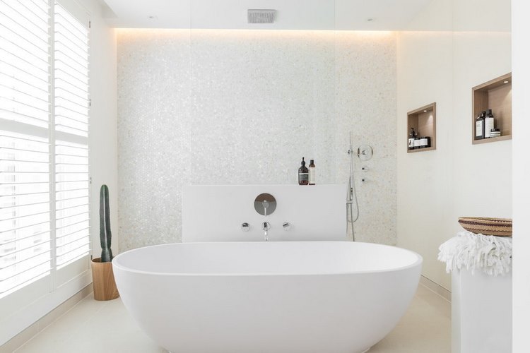 modern bathroom with white free standing tub