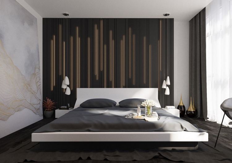 modern bedroom accent with hanging slats home interior ideas