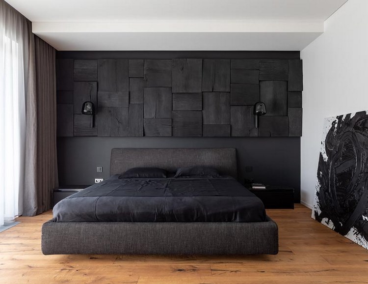 modern black bedroom striking black accent wall wood panels