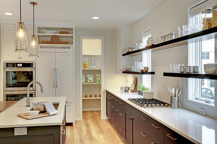modern kitchen design with open shelves across windows advantages