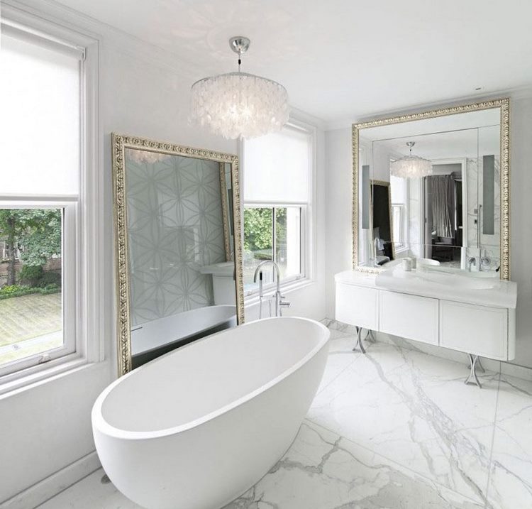 modern white bathroom design ideas free standing tub and large mirrors