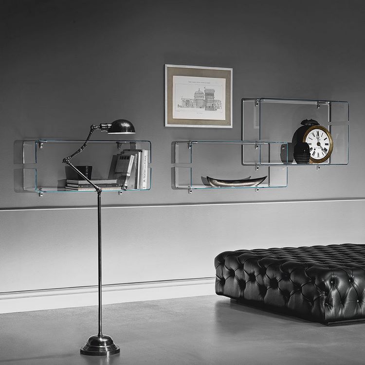 open glass shelves in home interior design
