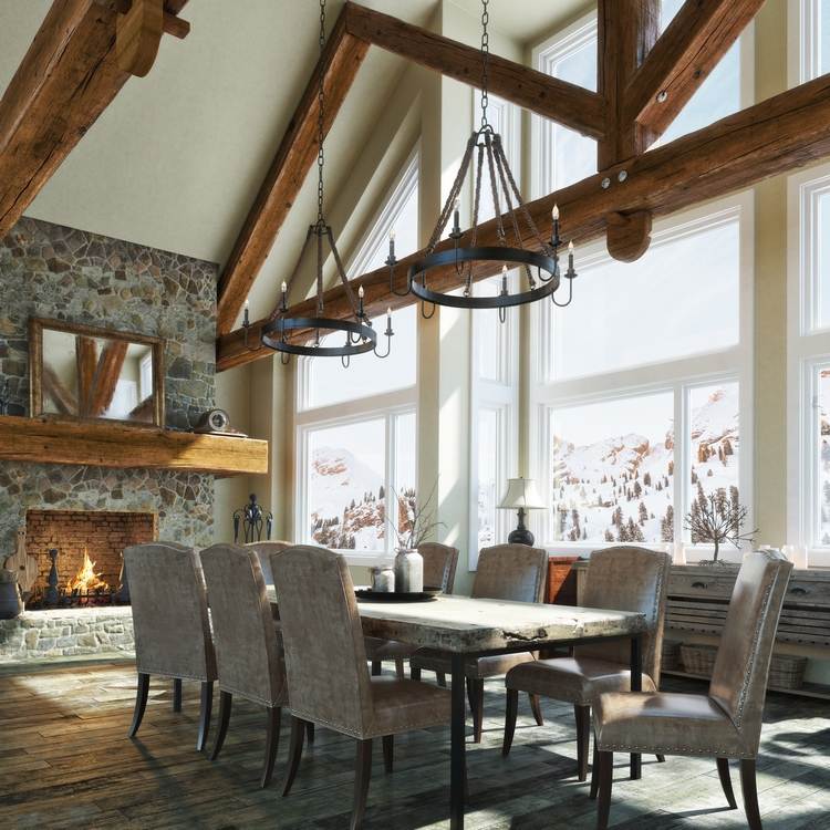 rustic dinning room design two chandeliers above table