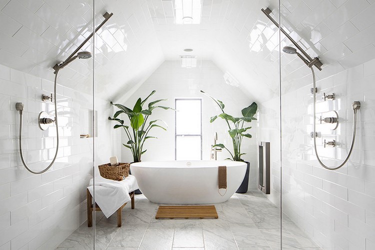 white bathroom interior design ideas dual shower glass partition wall