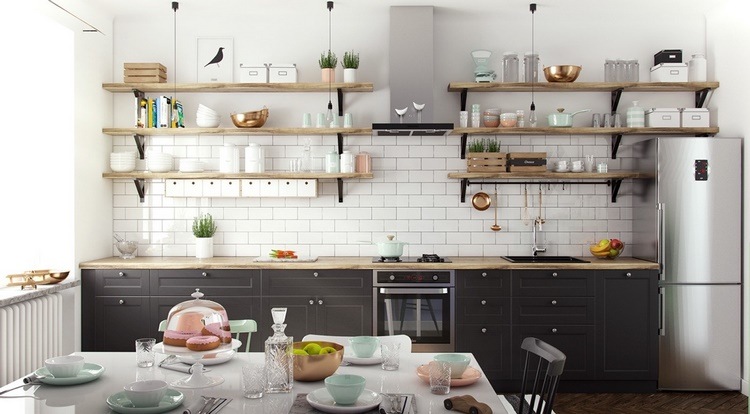 white exposed brick wall open shelving Scandinavian kitchen ideas