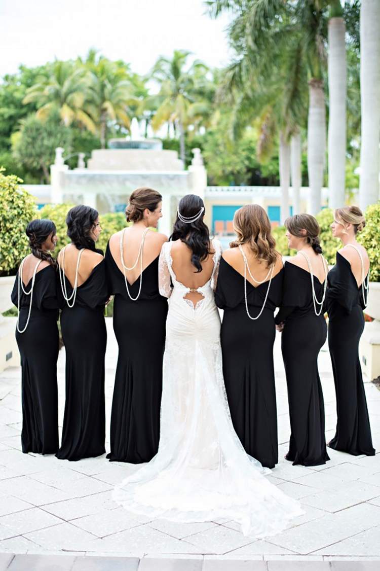 Black and White wedding theme bride and bridesmaid dresses