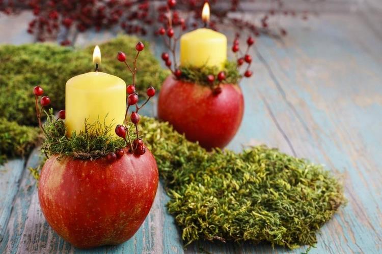 DIY candleholders from apples and moss fall decor ideas