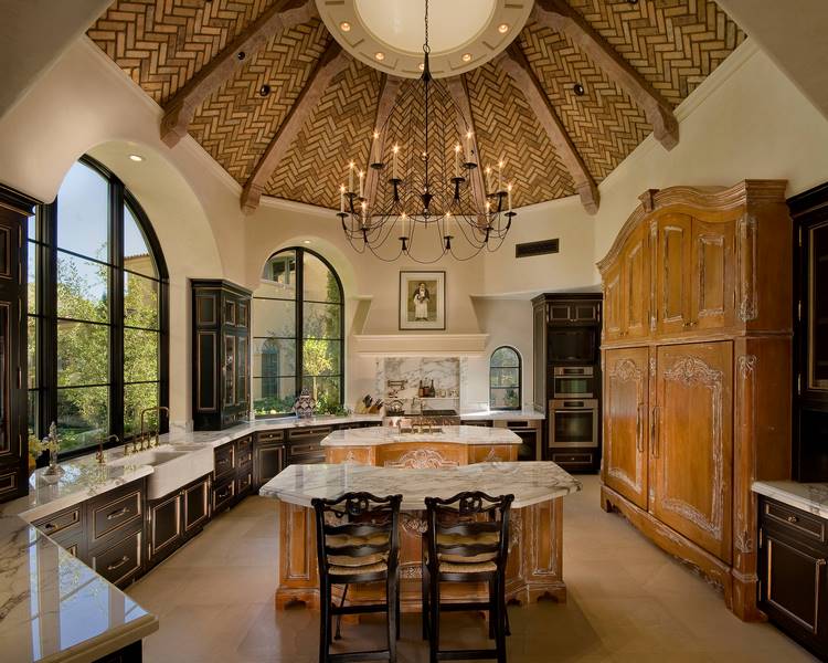 Spanish style kitchen with dome shaped ceiling and spectacular chandelier