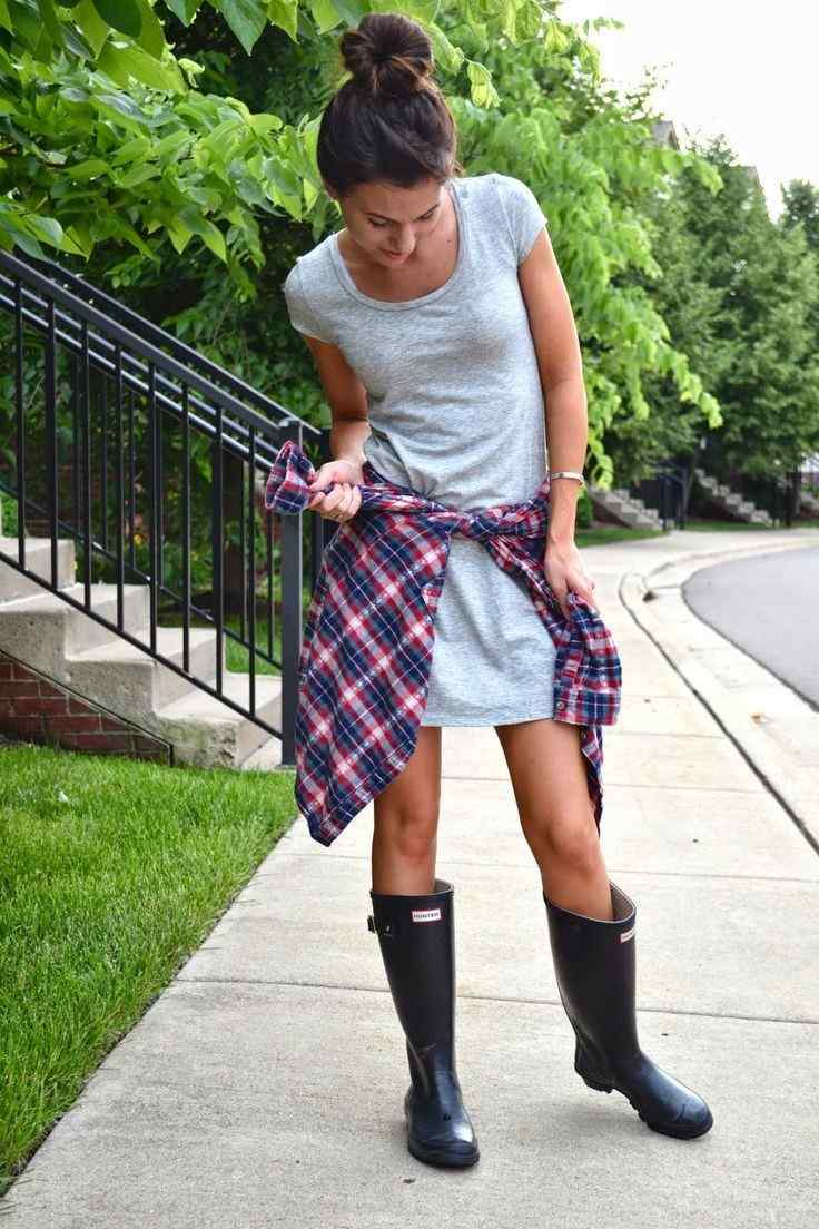 Wellies combined with dress and shirt rainy day outfit summer ideas