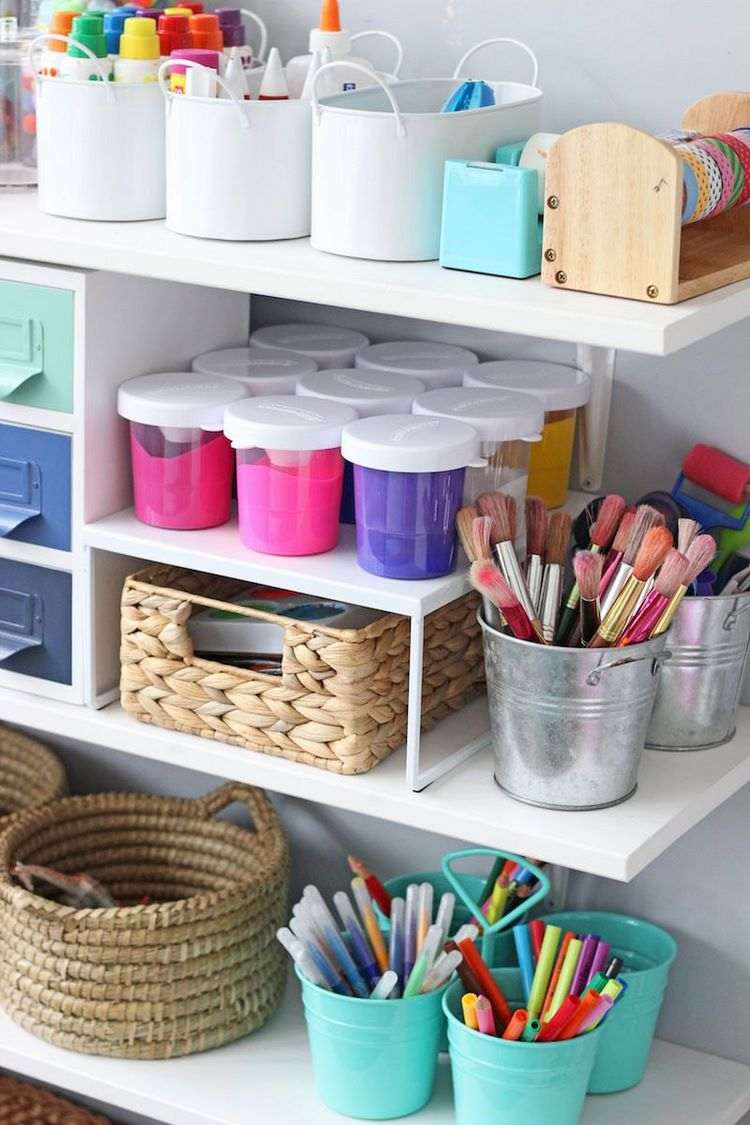 baskets mini pots open shelves storage and organization ideas for kids rooms